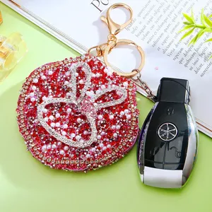 Rhinestone Rabbit Ear Mirror Keychain Cute Car Bag Pendant Pearl Makeup Mirror Gift