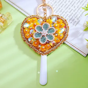 Rhinestone heart shaped mirror keychain cute yellow flower bag pendant makeup gift mirror