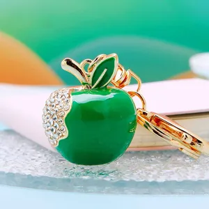 Rhinestone green apple keychain cute bag pendant crystal car key ring accessory detail