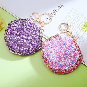Sparkly shell compact mirror keychain cute rhinestone purse charm bling keyring gifts for women