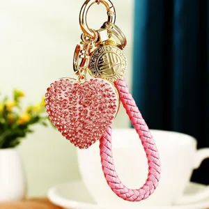 Rhinestone heart car keychain, cute pink braided strap metal bag pendant accessory ring.