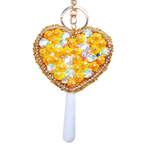Heart-Shaped Rhinestone Yellow Flower Makeup Mirror Keychain Cute Handbag Pendant