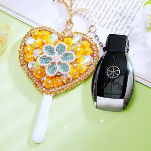 Cute rhinestone heart mirror keychain lovely women bag pendant cosmetic gift charm.