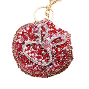 Rhinestone rabbit ears mirror keychain, sparkly red crystal bag pendant gift for women.