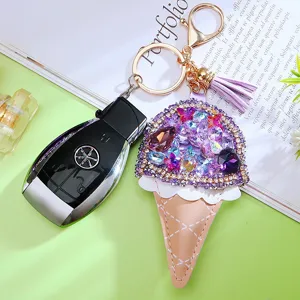 Rhinestone ice cream keychain PU leather bag charm cute key ring pendant for women gifts