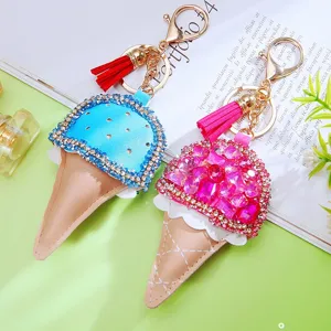 Creative rhinestone ice cream keychain fashion PU leather bag charm sweetcone pendant.
