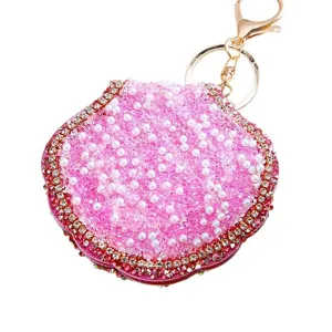 Pink rhinestone shell keychain cute mini makeup mirror bag charm gold keyring accessory
