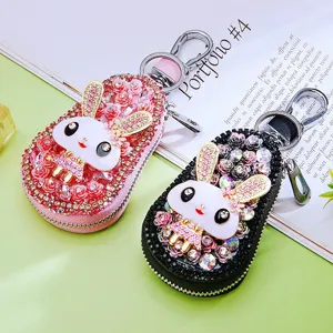 Exquisite rhinestone cute bunny car key case full diamond zipper key ring holder for women
