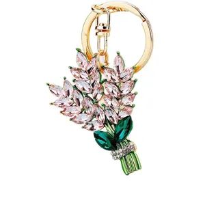Rhinestone lavender flower bouquet keychain, crystal bag charm, sparkling metal keyring gift.