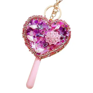 Sparkling Rhinestone Heart Pocket Mirror Keychain Cute Glitter Bag Pendant Car Key Ring Gift