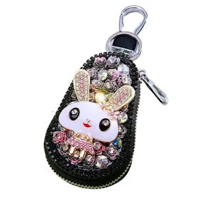Rhinestone crystal cute rabbit car key case woman shiny bling keychain zipper pouch pendant accessory