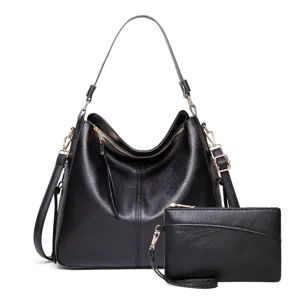 Sac a main hobo classique en cuir PU noir avec pochette assortie, grand cabas elegant quotidien.