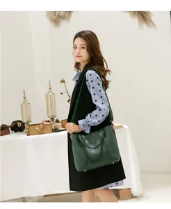 Elegant green leather tote handbag for women, spacious shoulder crossbody bag daily use.