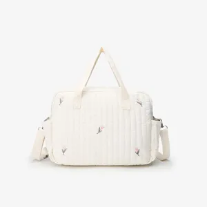 Quilted diaper bag tote with floral embroidery, lightweight travel mommy shoulder handbag.