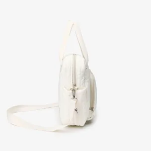 White quilted mommy bag, lightweight tote and crossbody shoulder bag for mothers and babies.