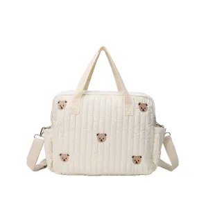 Quilted mommy baby diaper bag with cute bear embroidery, lightweight portable tote handbag.