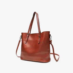 Classic retro brown oil wax leather tote bag, elegant women's single shoulder handbag for daily use.
