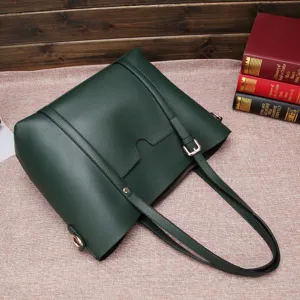 Dark green soft leather tote bag for women, large capacity shoulder handbag with metal buckles.