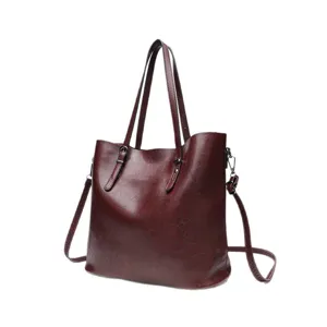 Classic burgundy oil wax leather tote bag for women, stylish large capacity shoulder handbag.