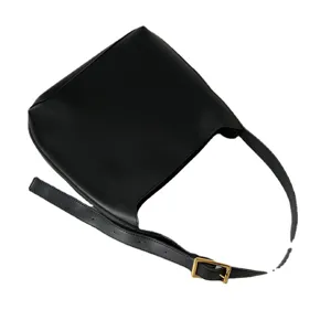 Black leather shoulder bag for women, casual minimalist hobo bucket bag with metal buckle.