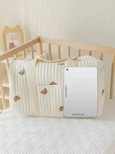 Quilted baby diaper bag with cute bear embroidery, soft tote bag for mother and daily use.