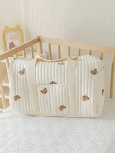 Cute bear embroidered quilted diaper bag, mommy tote bag with zipper and front storage pocket.