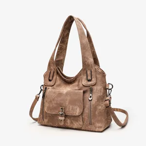 Vintage casual women shoulder bag large capacity brown canvas tote handbag with multiple pockets