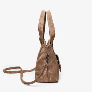 Casual brown retro women's shoulder bag with dual top handles and long crossbody strap.