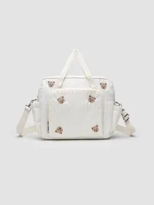Cute embroidered bear quilted diaper bag, large capacity mommy shoulder and tote bag.