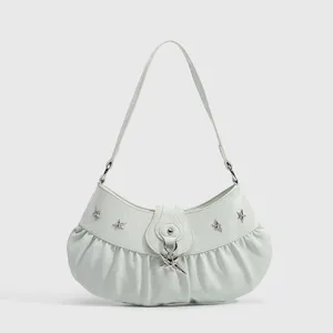 Trendy Y2K underarm shoulder bag for women, stylish pleated hobo purse with star charms and studs.