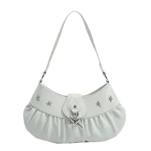 Stylish white underarm shoulder bag for women, trendy Y2K punk star PU leather hobo bag.
