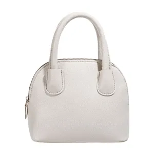 Minimalist solid color leather dome handbag, classic retro top handle shell bag for women.