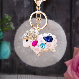 Cute Rhinestone Sheep Plush Ball Car Keychain Metal Key Ring Bag Pendant Creative Gift Accessory