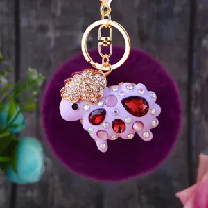 Rhinestone sheep plush car keychain cute bag pendant gold keyring metallic accessory gift