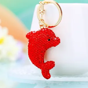 Crystal rhinestone red dolphin keychain cute metal key ring bag pendant car ornament gift