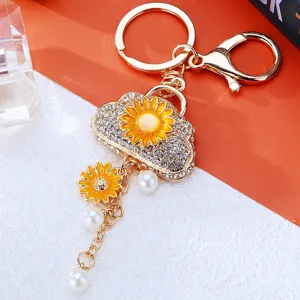 Sunflower Bag Shape Keychain Metal Rhinestone Artificial Pearl Pendant Key Ring For Women Car Key Chain Bag Charm Gift