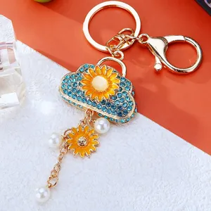 Rhinestone Sunflower Cloud Bag Keychain Metal Car Key Ring Cute Women Bag Pendant Gift