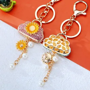 Exquisite rhinestone sunflower cloud bag keychain metal car key ring cute women handbag pendant.