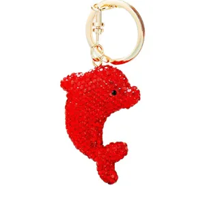 Sparkling Red Rhinestone Dolphin Keychain Cute Metal Key Ring Bag Pendant Accessories
