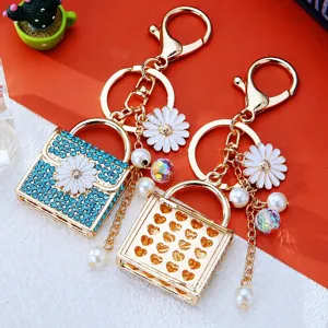 Rhinestone Daisy Handbag Keychain Cute Metal Car Key Ring Pearl Bag Charm Gift Accessory