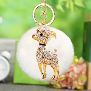 Rhinestone goat plush keychain cute fluffy pom pom car bag charm gold metal key chain gift