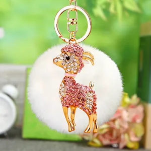 Cute Rhinestone Goat Fluffy Pom Pom Keychain Metal Bag Charm Women Gift Accessory