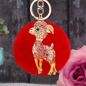 Rhinestone cute little goat plush car keychain metal bag charm gift keyring accessory for women