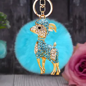 Rhinestone goat plush keychain cute blue pom pom metal bag pendant lovely car key ring gift