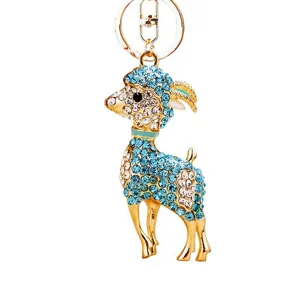 Rhinestone blue goat keychain metal key ring cute bag charm wonderful gift accessory