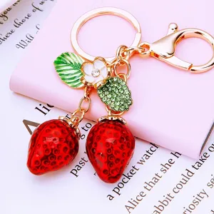 Carino Portachiavi per Auto Fragola Metallo Strass Doppia Fragola Ciondolo Borsa Anello Chiave Frutta Keychain per Donna Regali