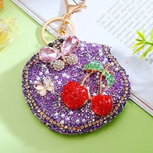 Creative Rhinestone Inlaid Cherry Keychain Portable Makeup Mirror Women Bag Pendant Cute Fashion Key Ring Gift
