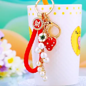 Portachiavi fragola strass perla ciondolo borsa metallo auto regalo donne uomini