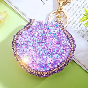 Purple glitter shell keychain mirror with rhinestones, cute purse charm key ring pendant.