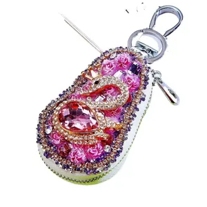 Bling rhinestone car key case with pink swan design, crystal roses zipper key wallet ring.